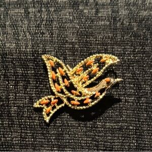 Vintage Gold and Orange Enamel Dove Brooch
